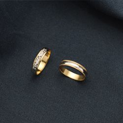 18K Alianza Oro Bicolor Brillo Y Bordes Estriados. Ancho: 4 Mm