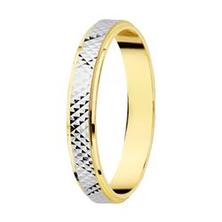 18K Alianza Oro Bicolor Tallada Y Bordes En Brillo. Ancho: 3 Mm. Talla: 11