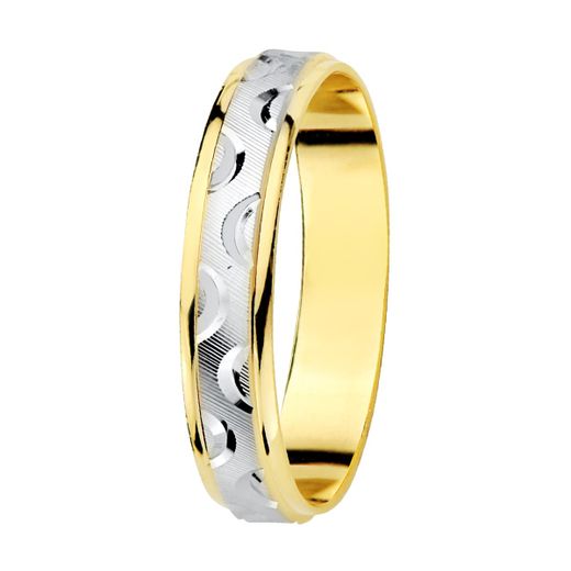 18K Alianza Oro Bicolor Tallada Y Bordes En Brillo. Ancho: 4 Mm. Talla: 32