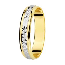18K Alianza Oro Bicolor Tallada Y Bordes En Brillo. Ancho: 4 Mm. Talla: 9
