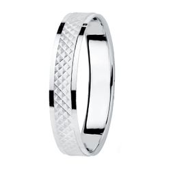 18K Alianza Oro Blanco Bordes Brillo Y Centro Tallado. Ancho: 3,5 Mm