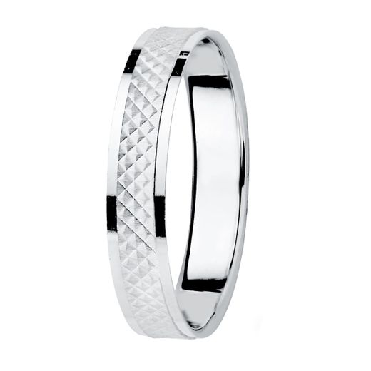 18K Alianza Oro Blanco Bordes Brillo Y Centro Tallado. Ancho: 3,5 Mm