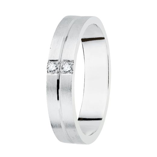 18K Alianza Oro Blanco Matizada 2 Diamantes 0.06 Qts. Ancho: 4Mm. Talla: 23