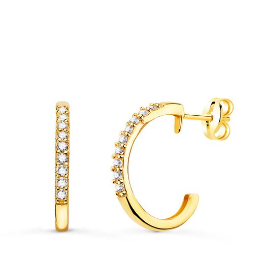 18K Aros Oro Amarillo Abiertos Circonita 14 Mm Ancho 1.5 Mm Cierre Presion