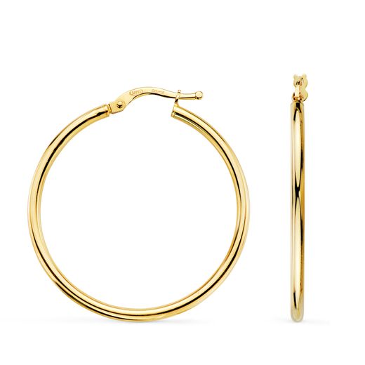 18K Aros Oro Amarillo Huecos Redondos Tubo Redondo 34 Mm. Grosor 2 Mm