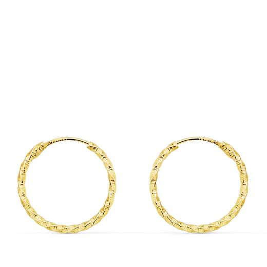 18K Aros Oro Amarillo Huecos Retorcidos Con Tallado 15X1.30 Mm