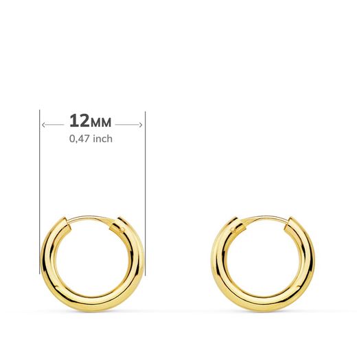18K Aros Oro Amarillo Redondos Lisos Ligeros 12X2 Mm