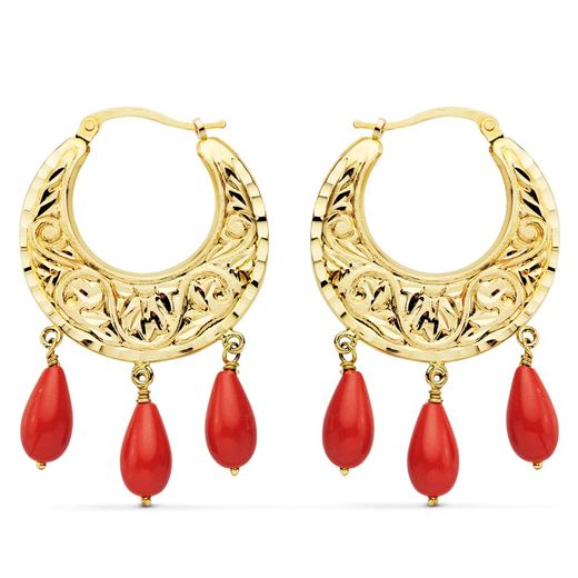 18K Aros Oro Amarillo Tallados Coral 25 Mm