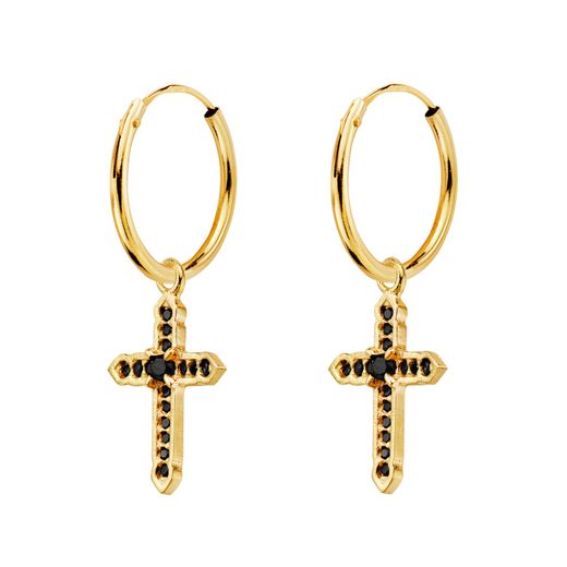 18K Aros Oro Amarillo Tubo Con Colgante Cruz Circonita Negras 17X12 Mm Aro 14X1 Mm
