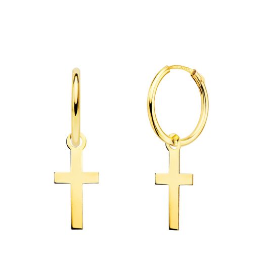 18K Aros Oro Amarillo Tubo Con Cruz Lisa 12X6 Mm Aro 12X1.5 Mm