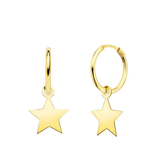 18K Aros Oro Amarillo Tubo Con Estrella Lisa 10X10 Mm Aro 12X1.5 Mm