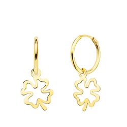 18K Aros Oro Amarillo Tubo Con Trebol 11X9 Mm Aro 12X1.5 Mm