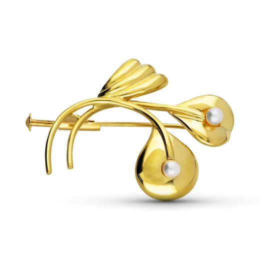 18K Broche Oro Amarillo Rama 2 Perla 35X27 Mm
