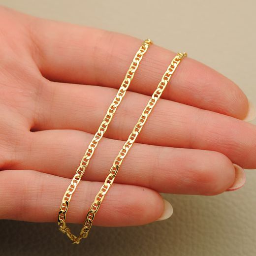 18K Cadena Oro Amarillo Ancla Plana Hueca Largo 50Cm Ancho 2 Mm