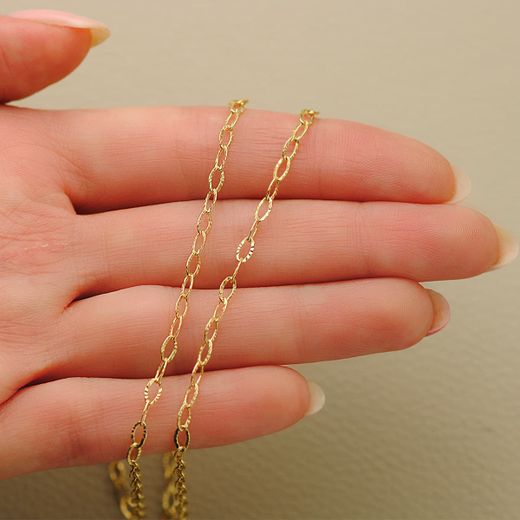 18K Cadena Oro Amarillo Forzada Tallada Hueca Largo 45Cm Ancho 2.5 Mm