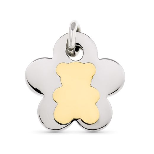18K Colgante Acero Y Oro Amarillo Flor Y Oso
