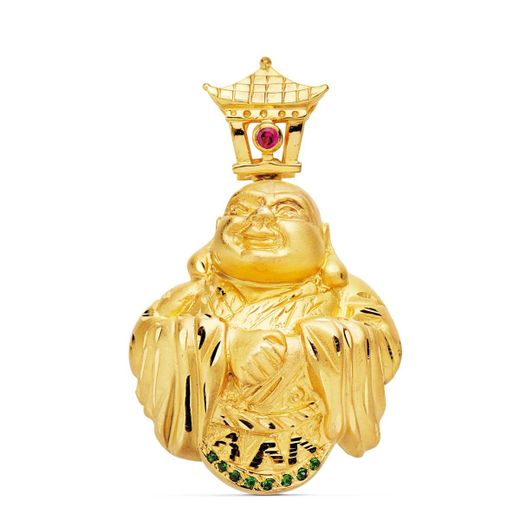 18K Colgante Buda Con Piedra Roja Oro Amarillo 41X33 Mm