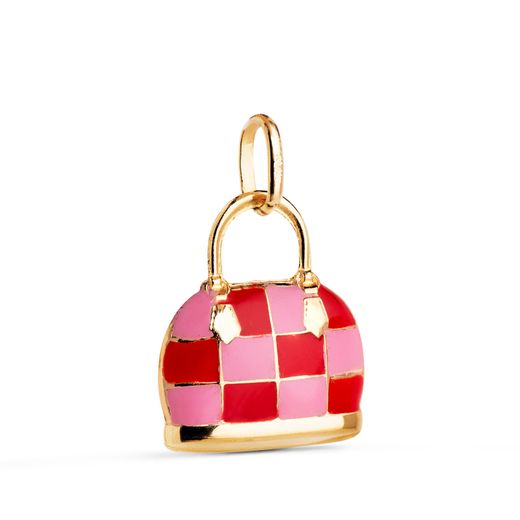 18K Colgante Charm Oro Amarillo Bolso Con Esmalte Rojo Y Rosa. Medida: 15 X 12,5 Mm