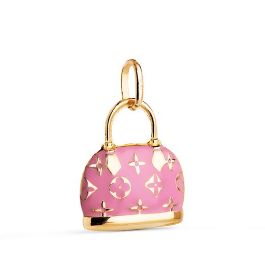 18K Colgante Charm Oro Amarillo Bolso Con Esmalte Rosa. Medida: 15 X 12,5 Mm