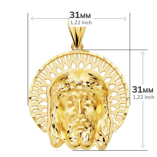 18K Colgante Colgante Oro Amarillo Cabeza De Cristo Orla 31X31 Mm