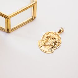 18K Colgante Colgante Oro Amarillo Cabeza De Cristo Orla 32X26 Mm