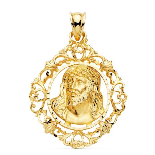 18K Colgante Cristo Oro Amarillo Estampado Cerco. 32X29 Mm
