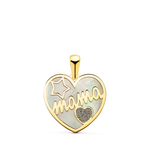 18K Colgante De Corazon Oro Amarillo Con Nacar Mama Y Polvo De Diamante 16X14Mm