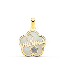 18K Colgante De Nacar Oro Amarillo Forma De Flor Y Mama Con Corazon Y Polvo Diamante 15X15Mm