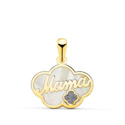 18K Colgante De Nacar Oro Amarillo Forma De Nube Y Mama Con Glitter 17X13Mm