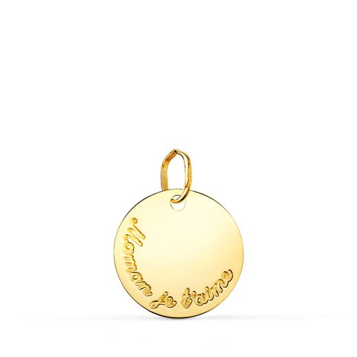 18K Colgante Disco Oro Amarillo Brillo 15 Mm Maman Je Taime