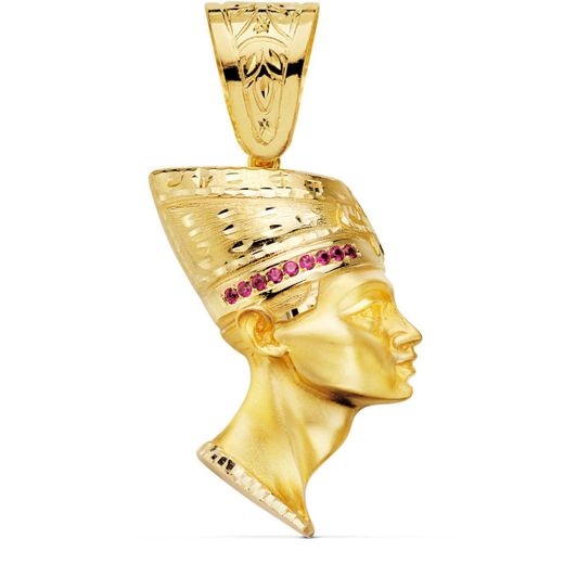18K Colgante Esfinge Nefertiti Gigante Con Circonita Rojas Oro Amarillo. 50 X 35 Mm