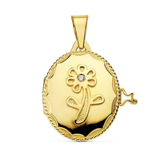 18K Colgante Guardapelo Dije Portafotos Oro Amarillo Flor Circonita 22X19 Mm