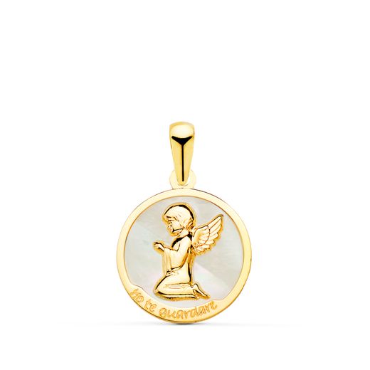 18K Colgante Oro Amarillo Angel Burlon Y Nacar Blanco Yo Te Guardaré 15 Mm