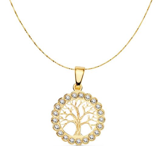 18K Colgante Oro Amarillo Arbol De La Vida 15 Mm Cadena Veneciana 42Cm