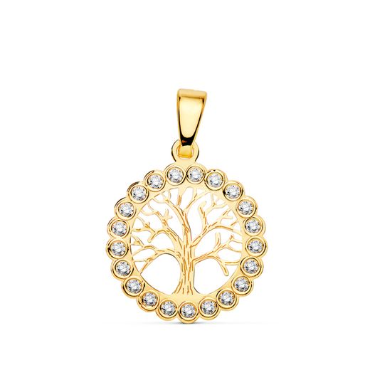 18K Colgante Oro Amarillo Arbol De La Vida Circonita 15 Mm