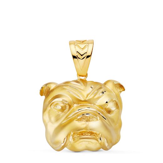 18K Colgante Oro Amarillo Cabeza Bulldog Ingles Tallada 27X31 Mm