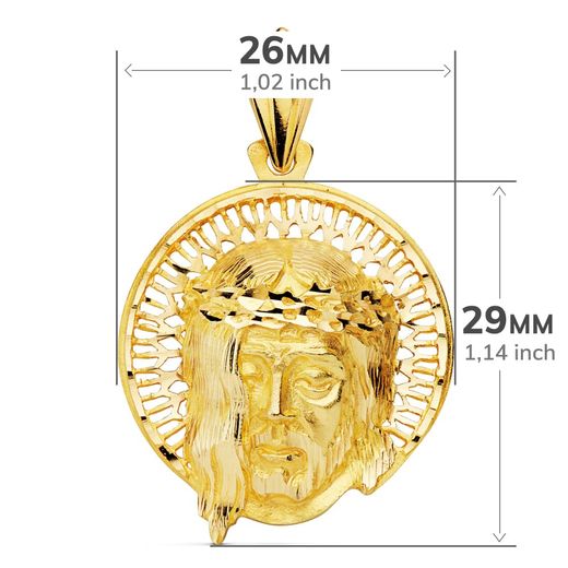 18K Colgante Oro Amarillo Cabeza De Cristo Aureola 29X26 Mm