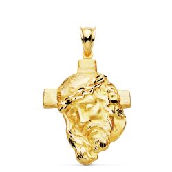 18K Colgante Oro Amarillo Cabeza De Cristo Con Cruz 35X25 Mm