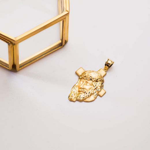 18K Colgante Oro Amarillo Cabeza De Cristo Con Cruz 35X25 Mm