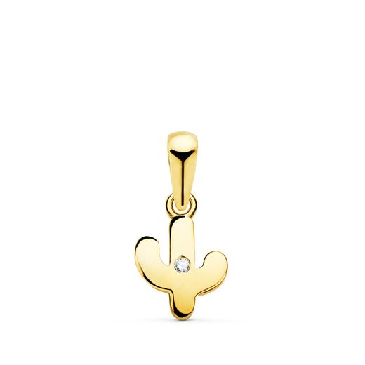 18K Colgante Oro Amarillo Cactus Mini Con Circonita 8.5X7 Mm