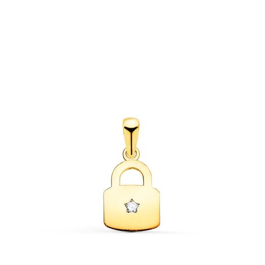 18K Colgante Oro Amarillo Candado En Brillo Con Circonita 14 X 9 Mm