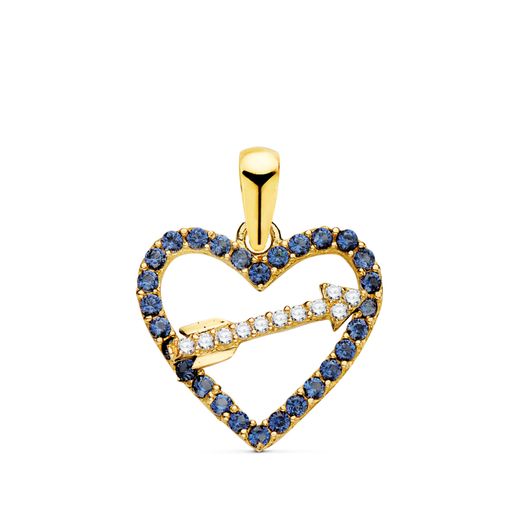 18K Colgante Oro Amarillo Corazon Con Circonita Azules Y Flecha 15 X 14Mm