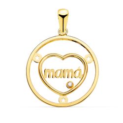 18K Colgante Oro Amarillo Corazon Con Mama Y Circonita Redondo 20Mm