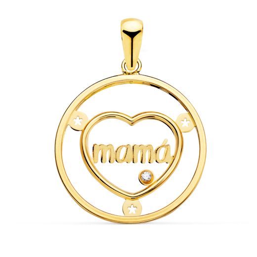 18K Colgante Oro Amarillo Corazon Con Mama Y Circonita Redondo 20Mm