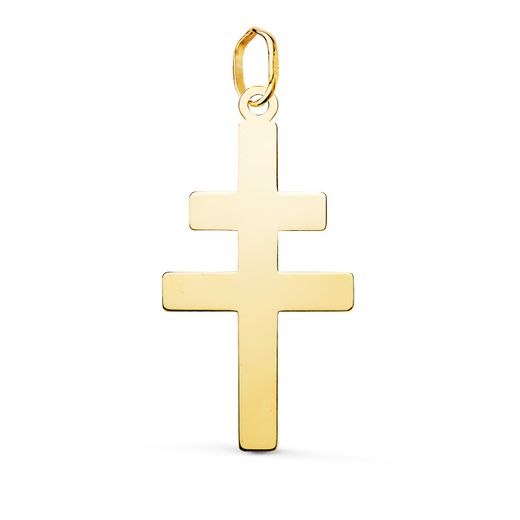 18K Colgante Oro Amarillo Cruz Caravaca En Brillo. 28 X 14 Mm