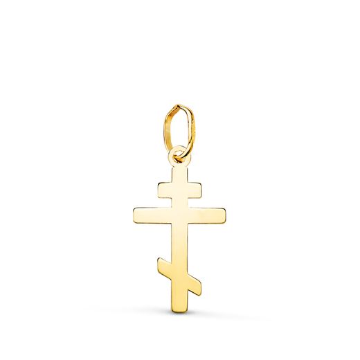 18K Colgante Oro Amarillo Cruz Ortodoxa Silueta En Brillo. 18 X 10 Mm