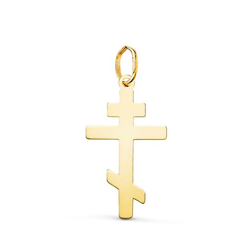 18K Colgante Oro Amarillo Cruz Ortodoxa Silueta En Brillo. 22 X 12 Mm
