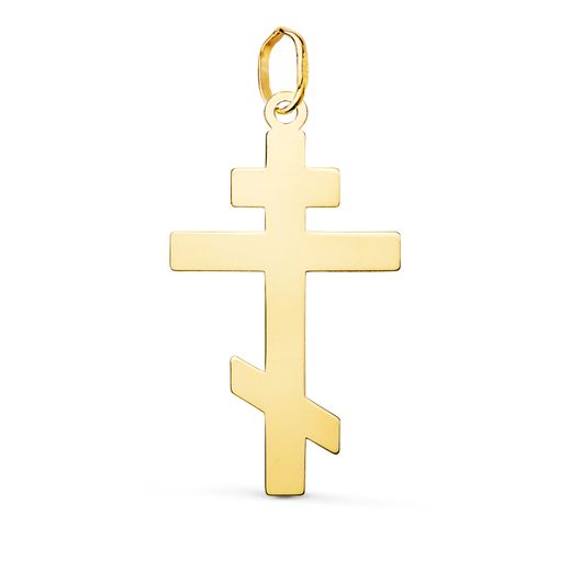 18K Colgante Oro Amarillo Cruz Ortodoxa Silueta En Brillo. 28 X 15 Mm