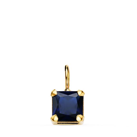 18K Colgante Oro Amarillo Cuadrado Con Garras Y Piedra Color Azul De 6,5 X 6,5 Mm.