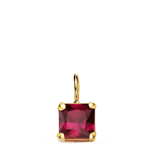 18K Colgante Oro Amarillo Cuadrado Con Garras Y Piedra Color Roja De 6,5 X 6,5 Mm.